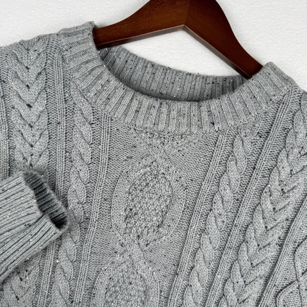 L.L. Bean Heritage Fisherman Cable Knit Sweater Mens M Gray Flecked Cotton